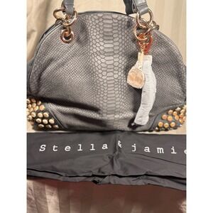 Stella & Jamie Gray Leather Snakeskin Embossed Studded Satchel Handbag Dust Bag